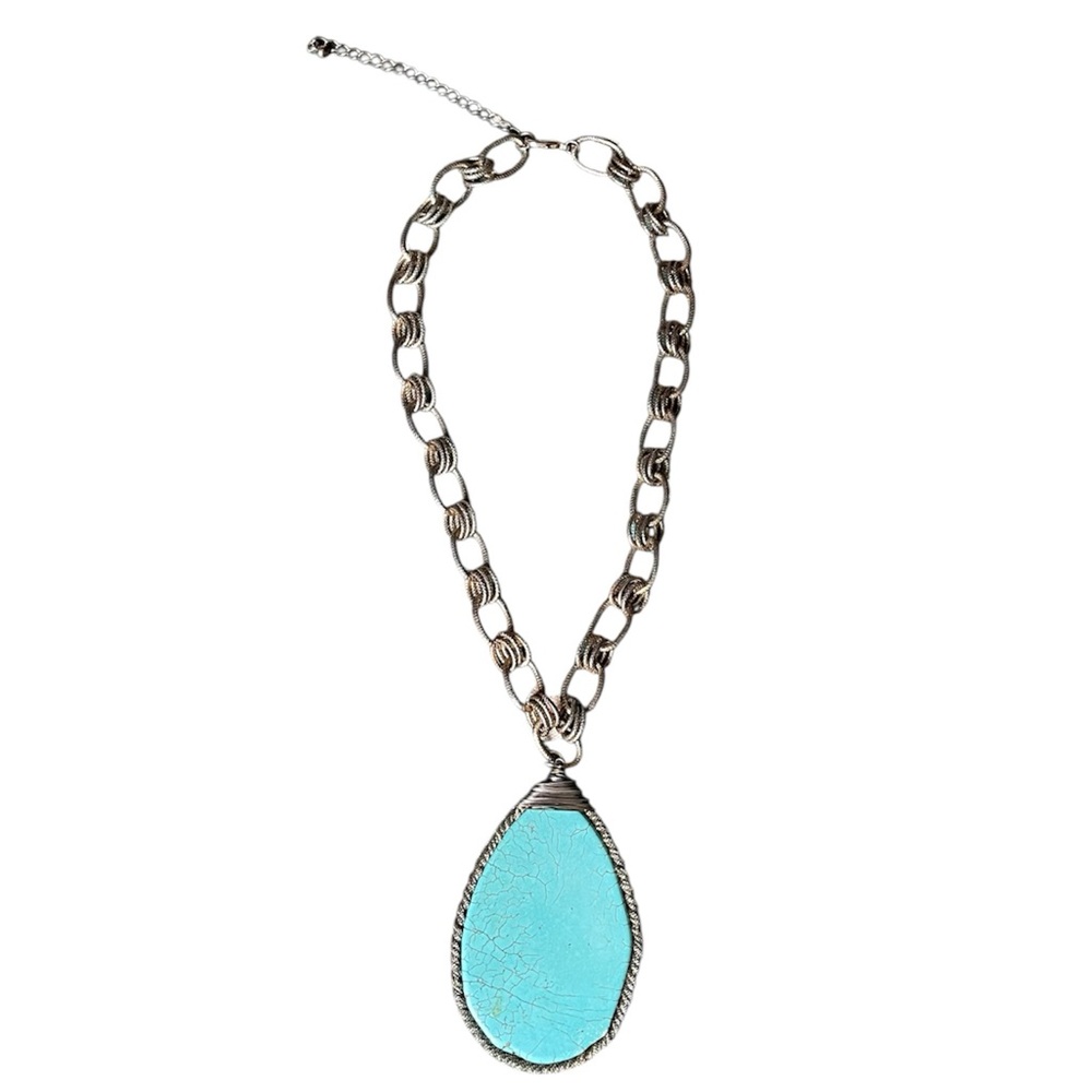 Large Turquoise Stone & Brass Pendant Necklace
